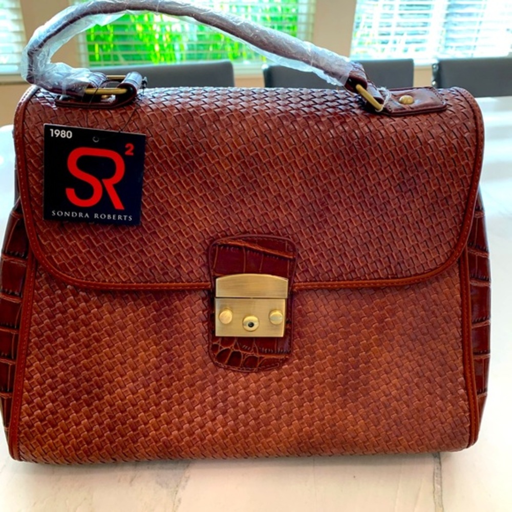 Sondra Roberts SR2t Cognac Woven Croc Embossed Satchel Handbag New SEE PHOTOS